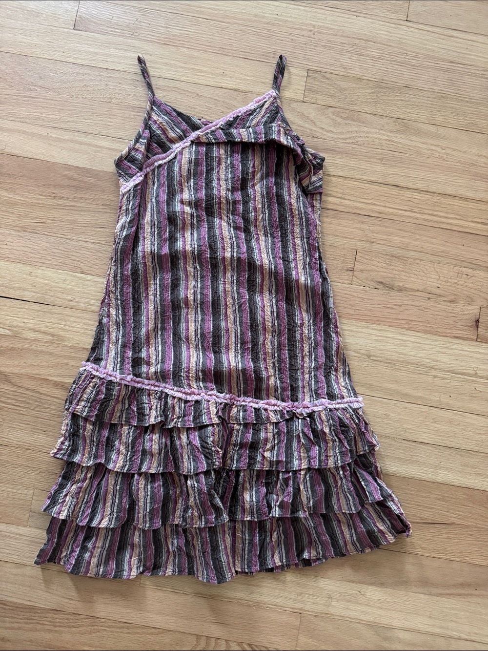 Deux Par Deux Girls Striped Ruffle Hem Spaghetti Strap Dress - Pink & Brown
